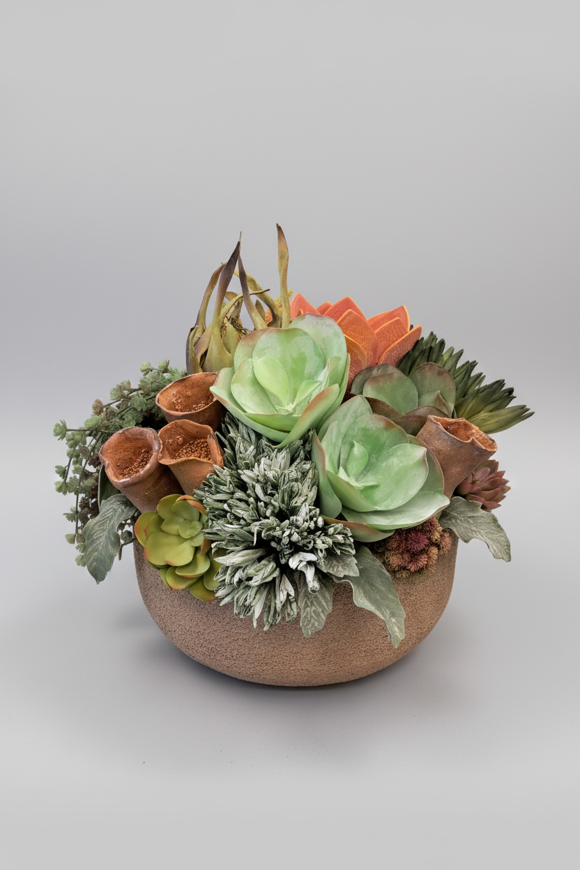 Decorative arrangement of succulents and flowers in a textured pot on a light gray background