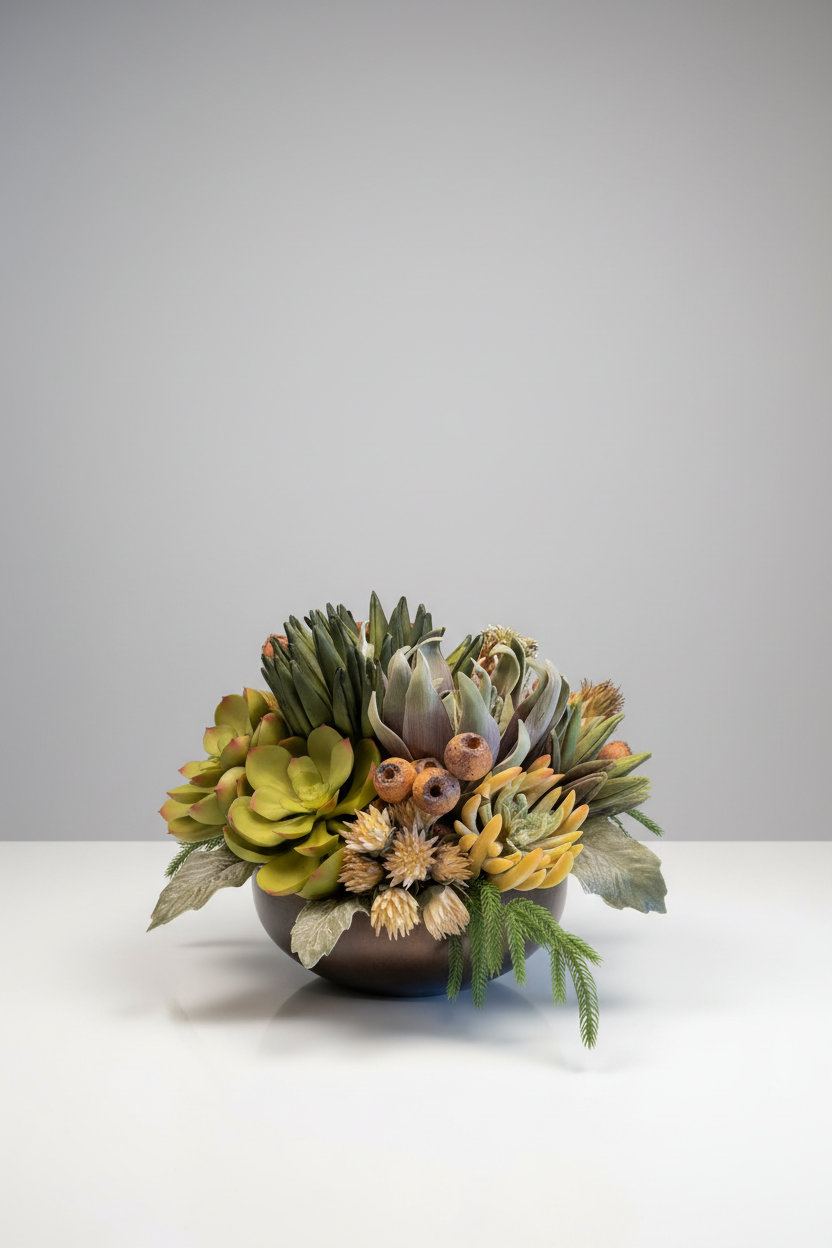 Arrangement of succulents and dried flowers in a small pot on a white surface with a gray background