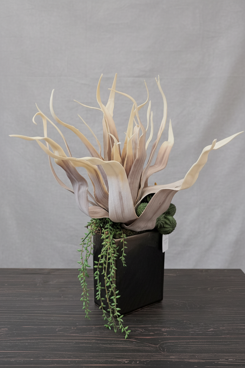 Decorative plant arrangement with dried leaves and green succulents in a black pot on a wooden surface.