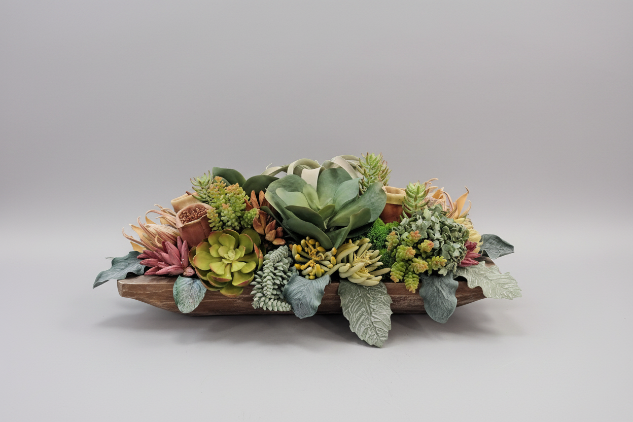 Decorative arrangement of succulents in a wooden bowl on a light gray background