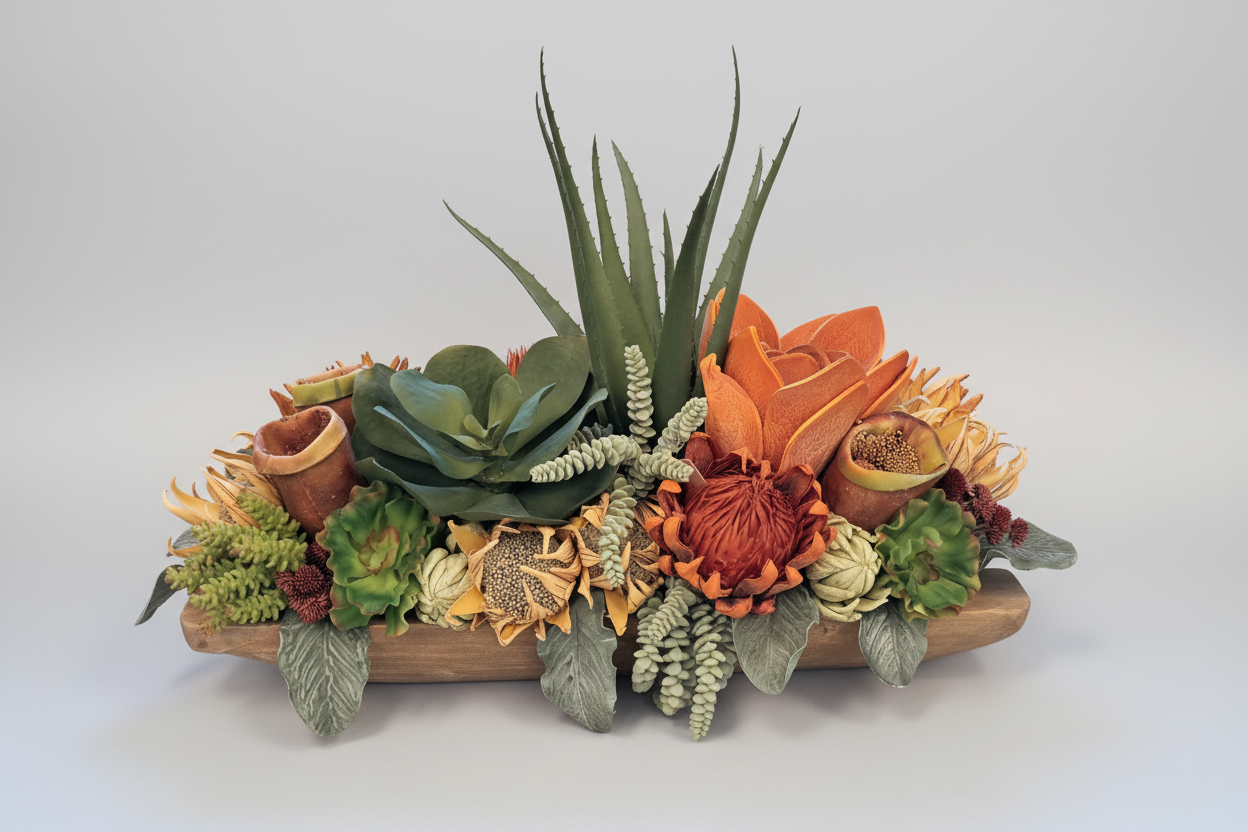 Decorative arrangement of succulents and flowers on a wooden base against a white background
