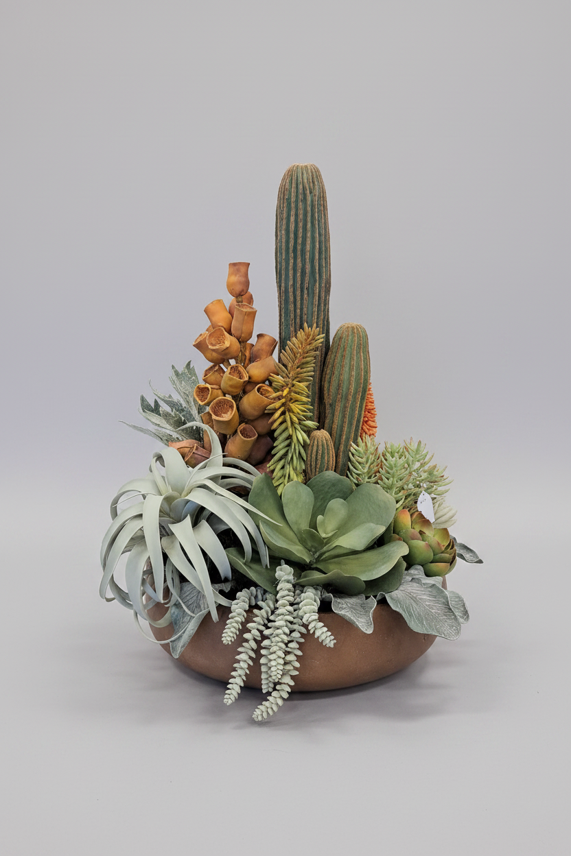 Decorative arrangement of cacti and succulents in a terracotta pot on a light gray background