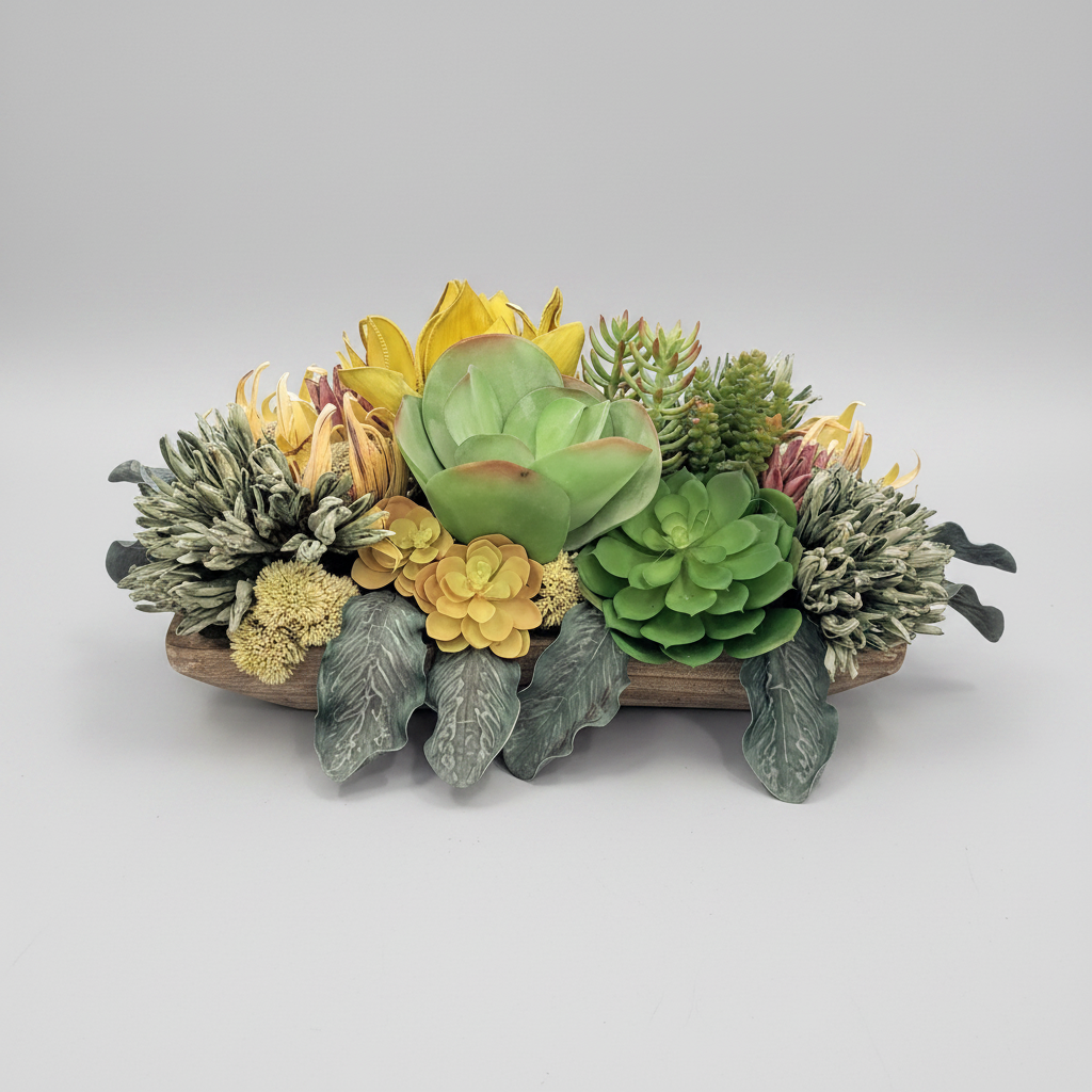 Arrangement of artificial succulents and flowers in a wooden bowl on a light gray background