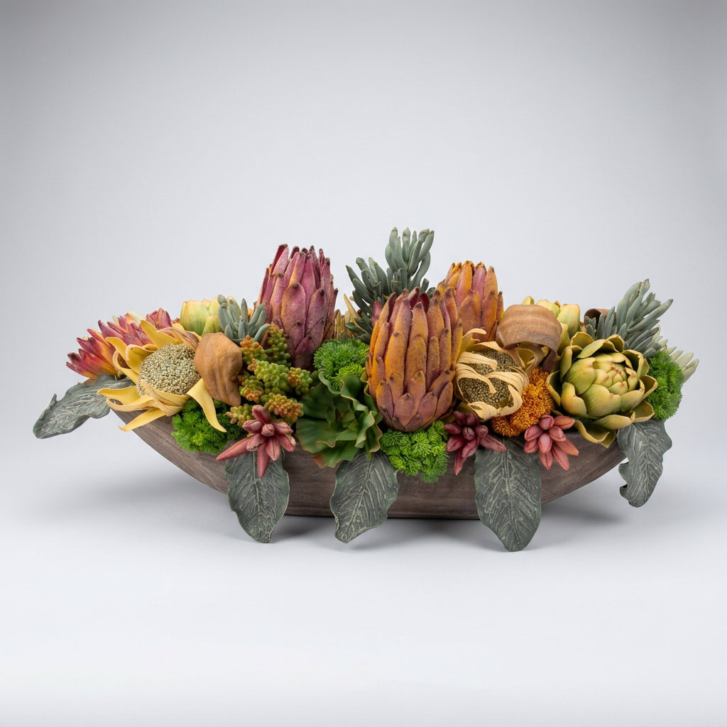 A large decorative floral arrangement in a long oval tray, featuring protea-like flowers, artichokes, green succulents, and dried botanicals, displayed on a round textured table in a home interior.