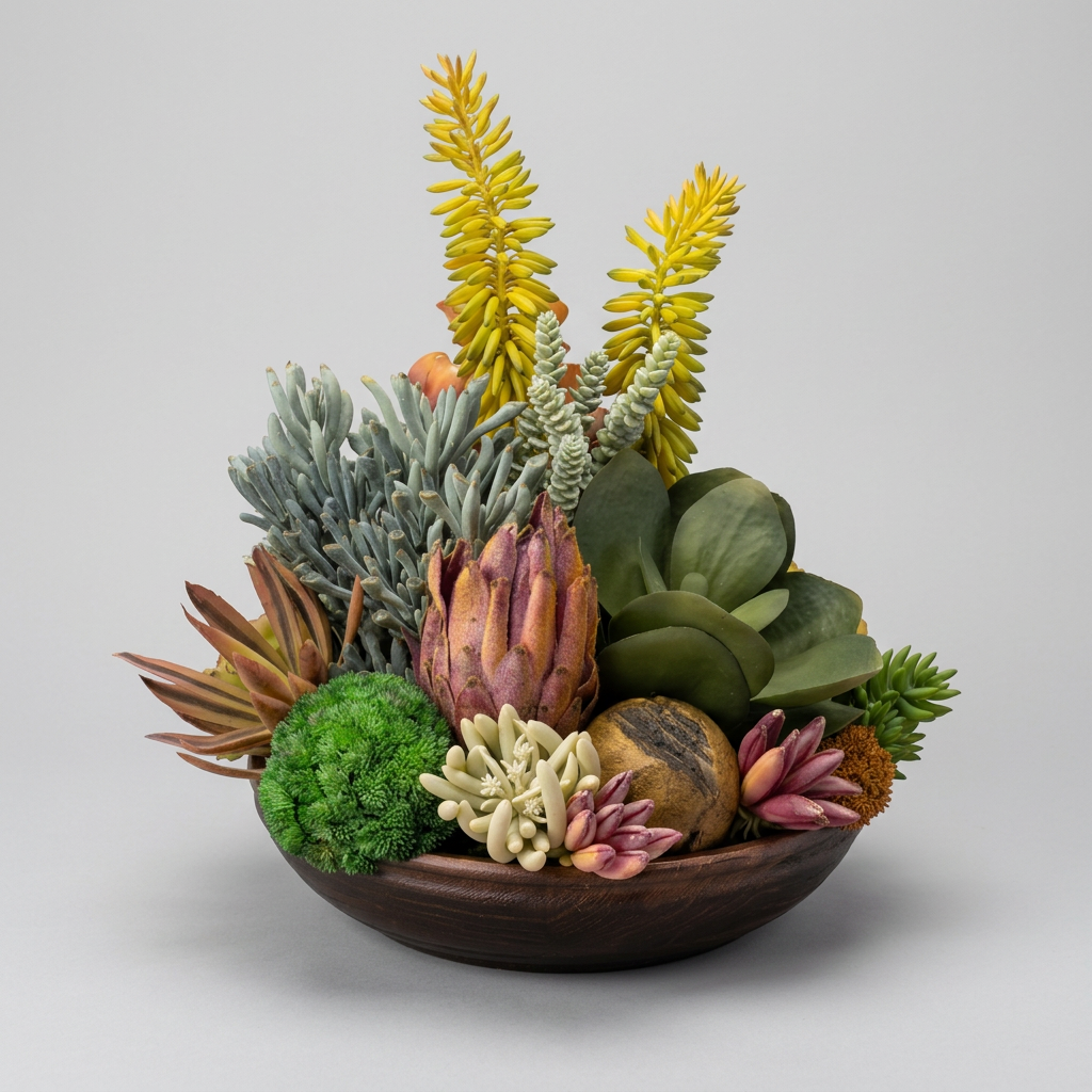 A styled succulent and cactus arrangement in a dark brown wooden bowl, featuring a variety of green, yellow, pink, and brown plants, photographed on a neutral light gray background.