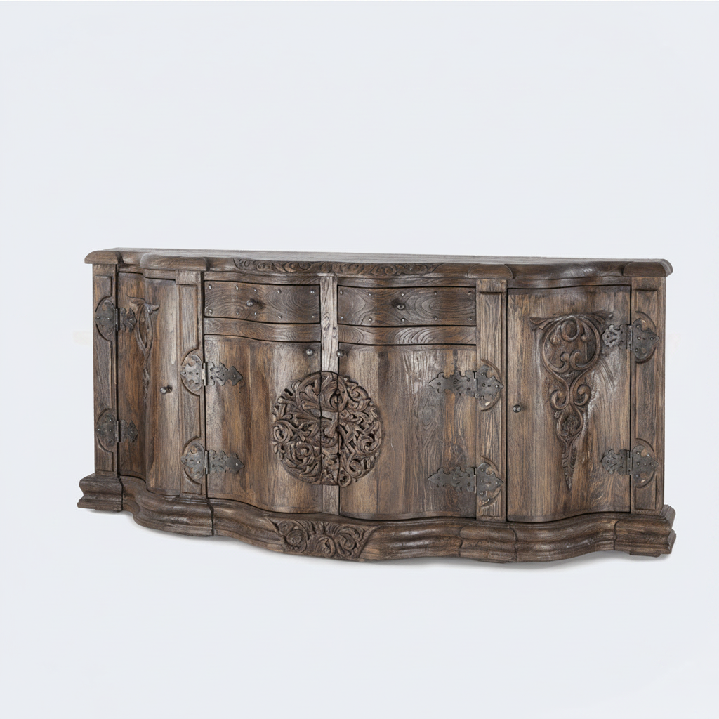 A teak wood buffet with intricate carving as part of the Jason Scott Furniture Collection at Fiesta Furnishings.