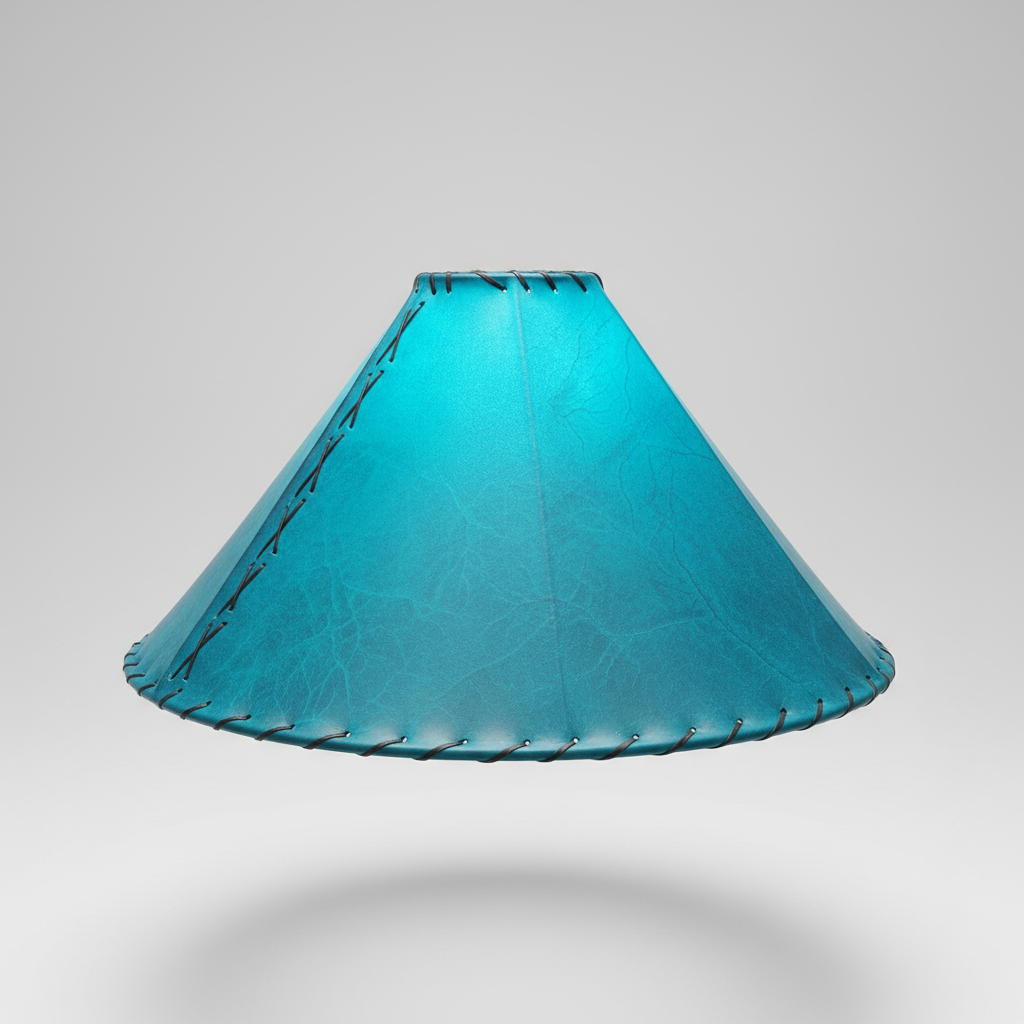 A conical lampshade made of textured turquoise blue leather with visible stitching along the edges, shown floating against a light gray gradient background.