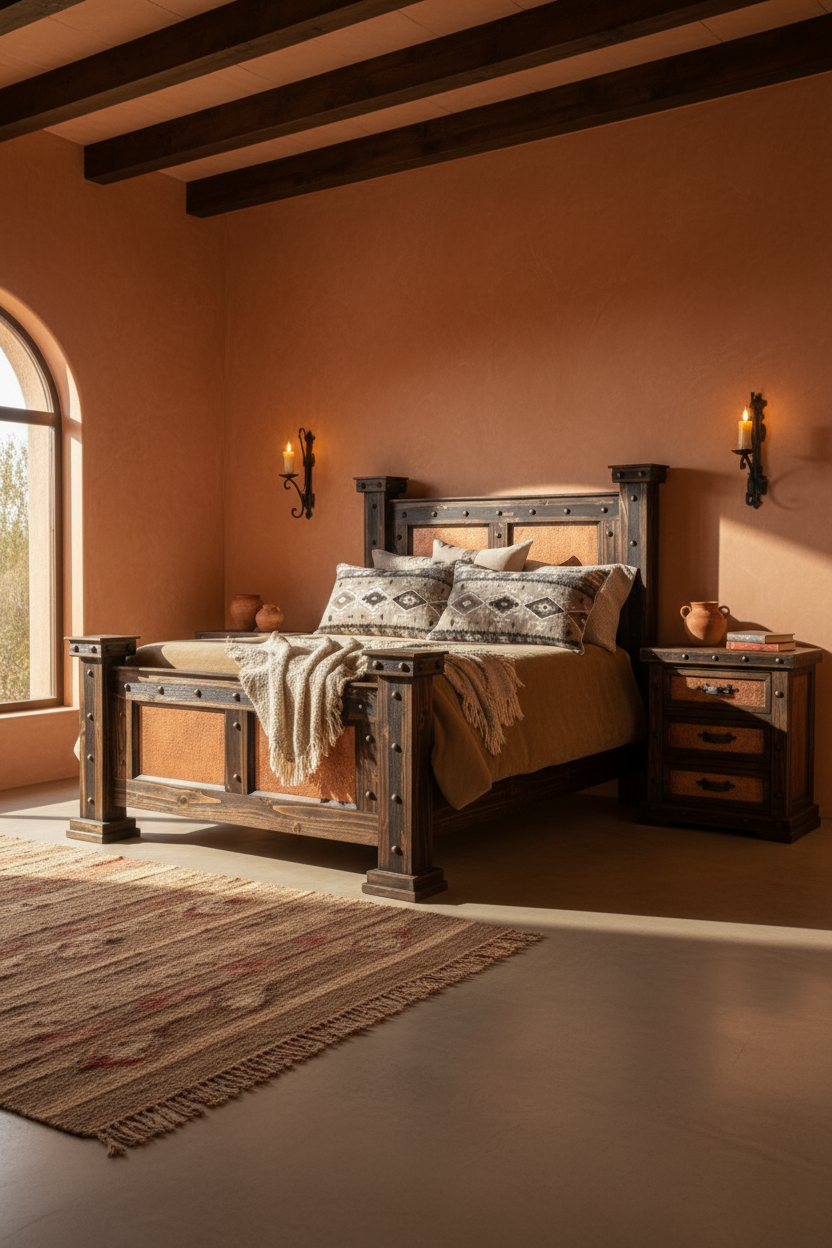 Bedroom with rustic wooden bed and matching nightstands against a warm-toned wall.