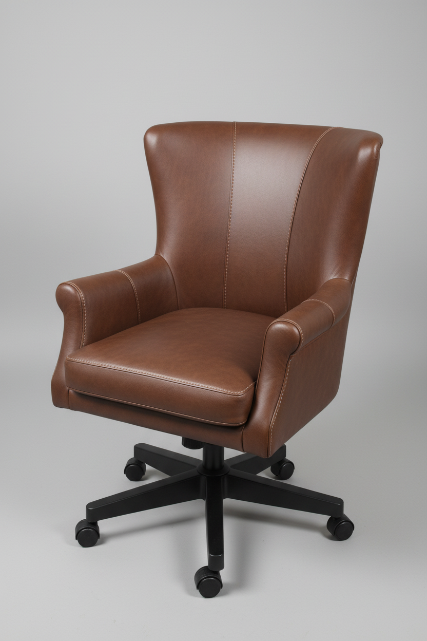 Brown leather office chair on a gray background