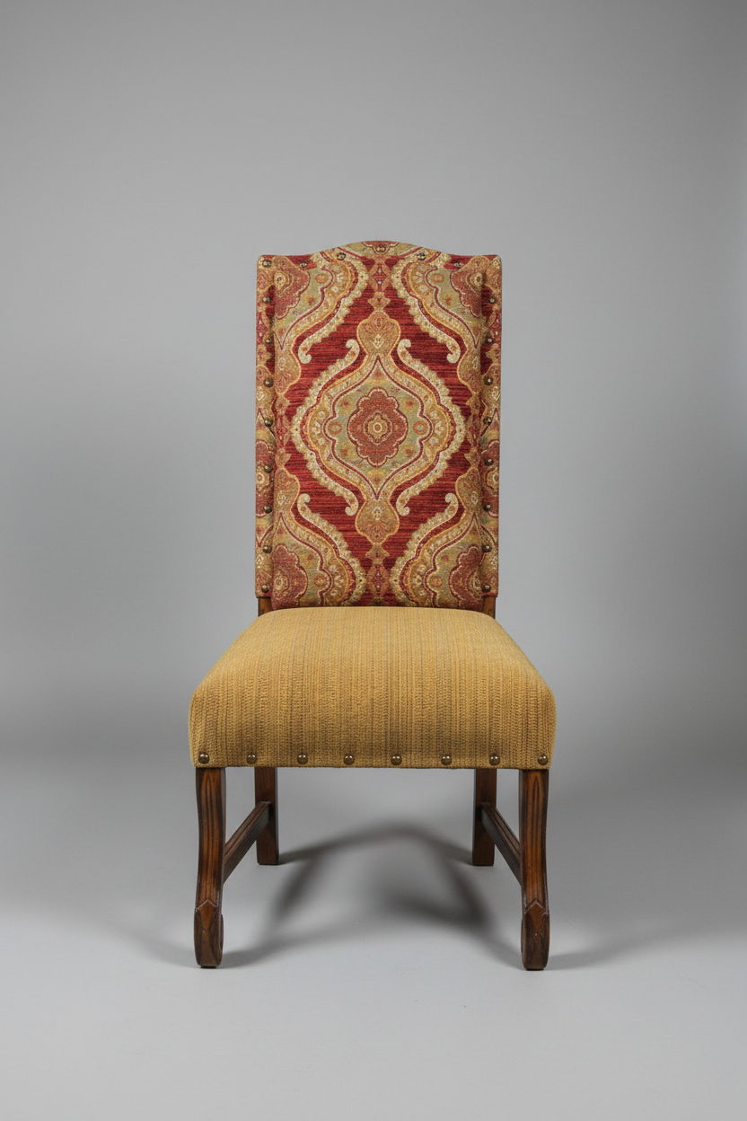 Chair with patterned backrest and plain seat on a gray background