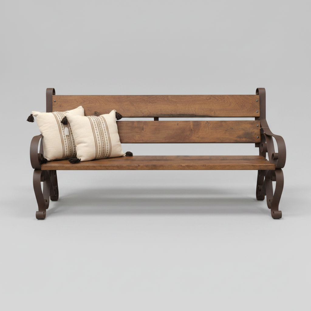 Wooden bench with metal legs in a room setting