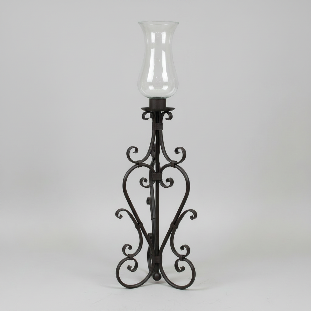 Decorative candle holder with wrought iron base and clear glass candle on a light gray background