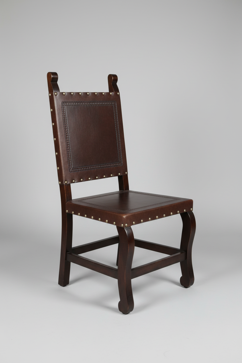 Brown chair with leather seat and backrest in a furniture store setting