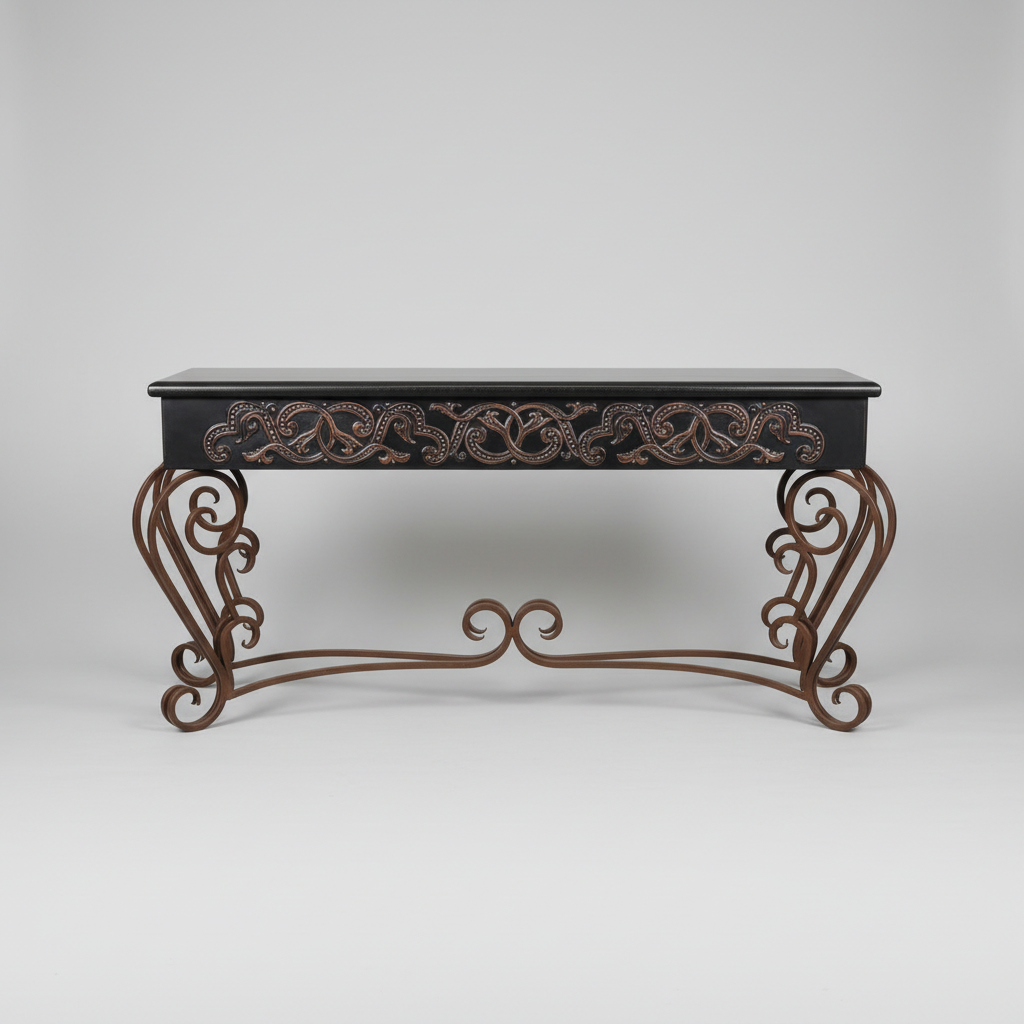 Decorative console table with intricate carvings on a wooden floor.
