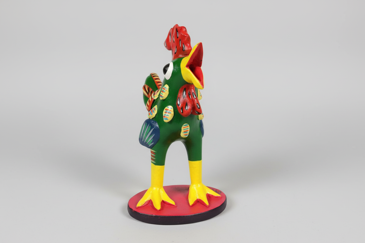 Colorful ceramic rooster figurine on a wooden surface