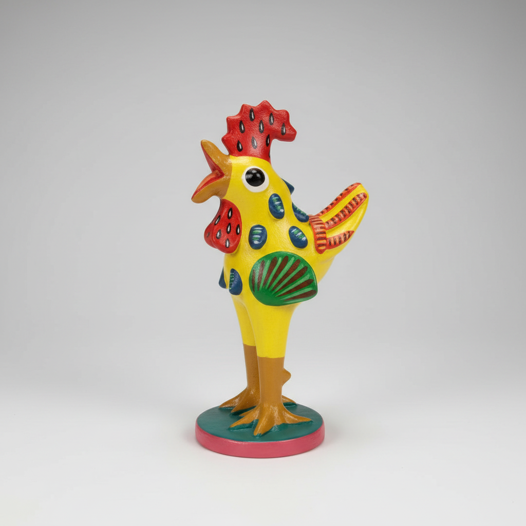 Colorful ceramic rooster figurine on a gray background