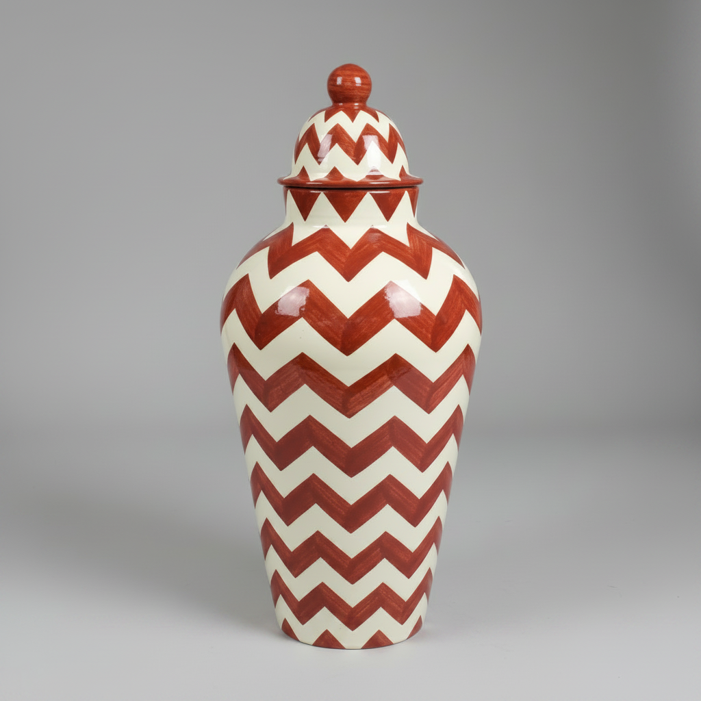 Tall ceramic vase with red and white chevron pattern on a gray background