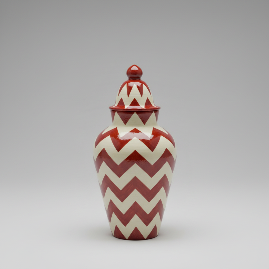 Decorative vase with red and white chevron pattern on a wooden surface