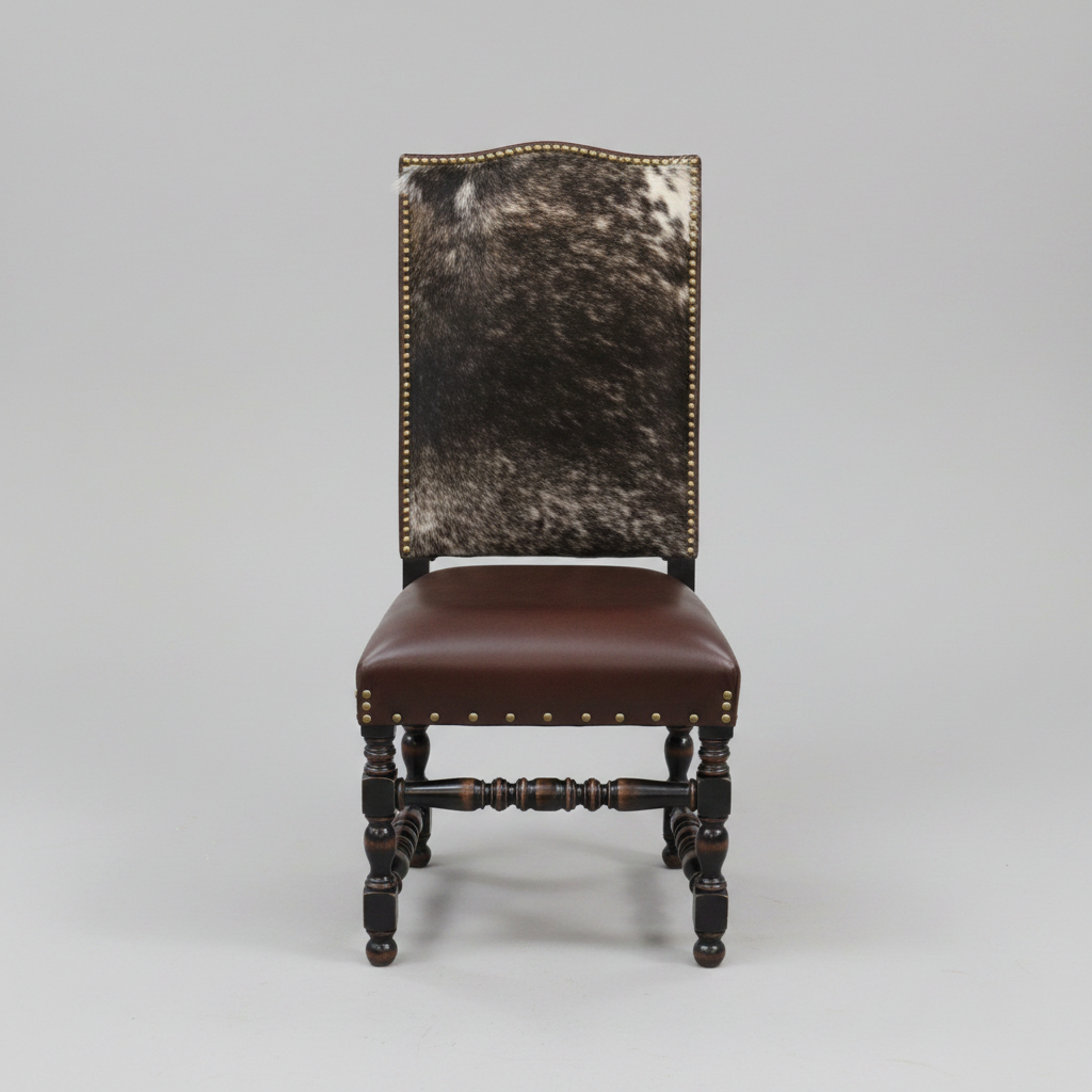 Chair with cowhide backrest and brown leather seat on a gray background