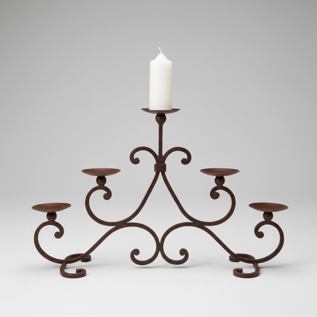 Iron candelabra with scrollwork and a gray background.
