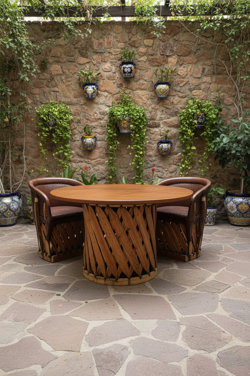 Wooden outdoor dining table with chairs against a stone wall with plants.