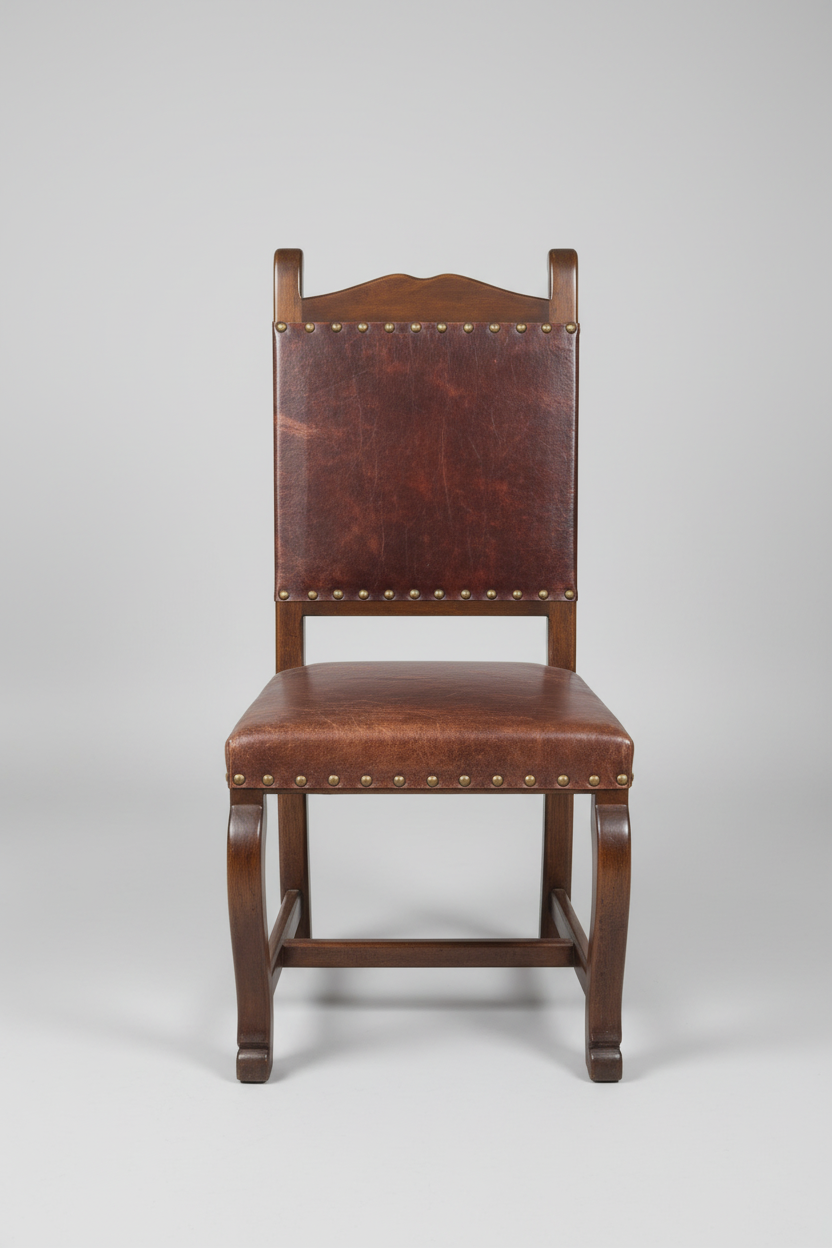 Brown leather chair with wooden frame on a patterned rug