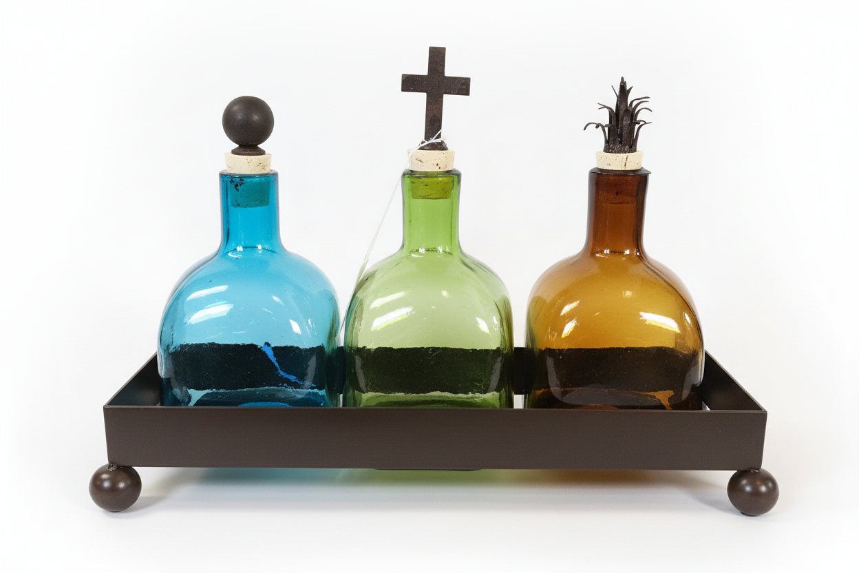 Three glass bottles on a metal stand with a tiled floor and wall in the background