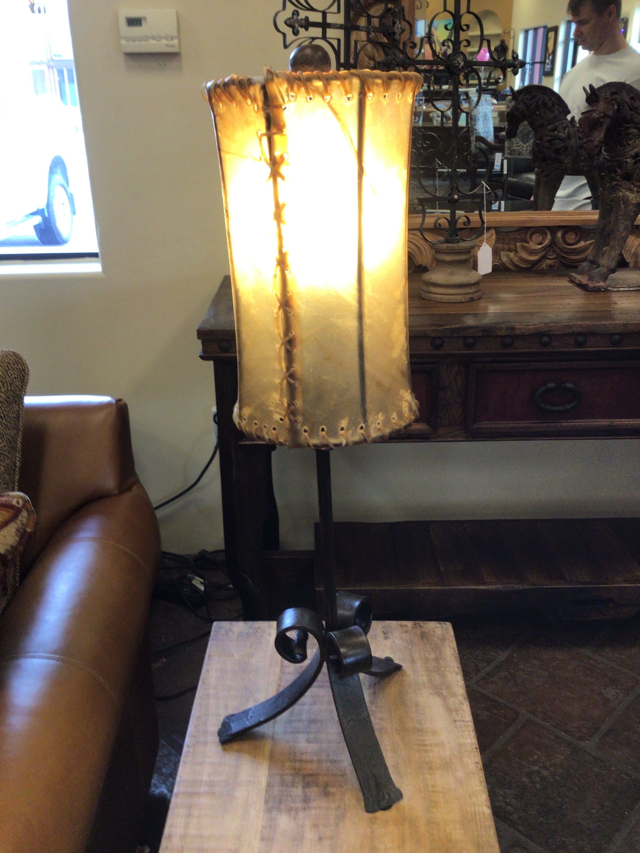 Lamp Simple Stick Forged Table 8 Cylinder Shade Light Brown Cow Raw Hide"