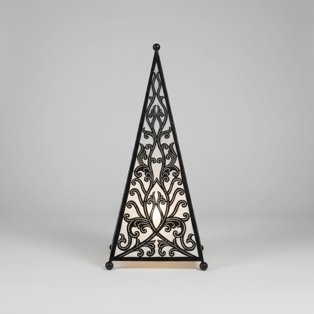 A black metal decorative screen or stand with an intricate scrollwork pattern, photographed against a neutral light gray background.