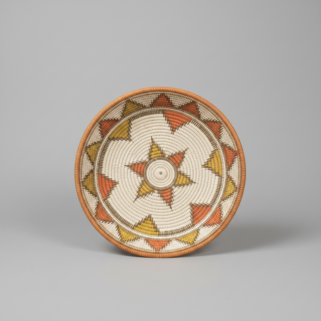 Decorative woven bowl with geometric pattern on a gray background
