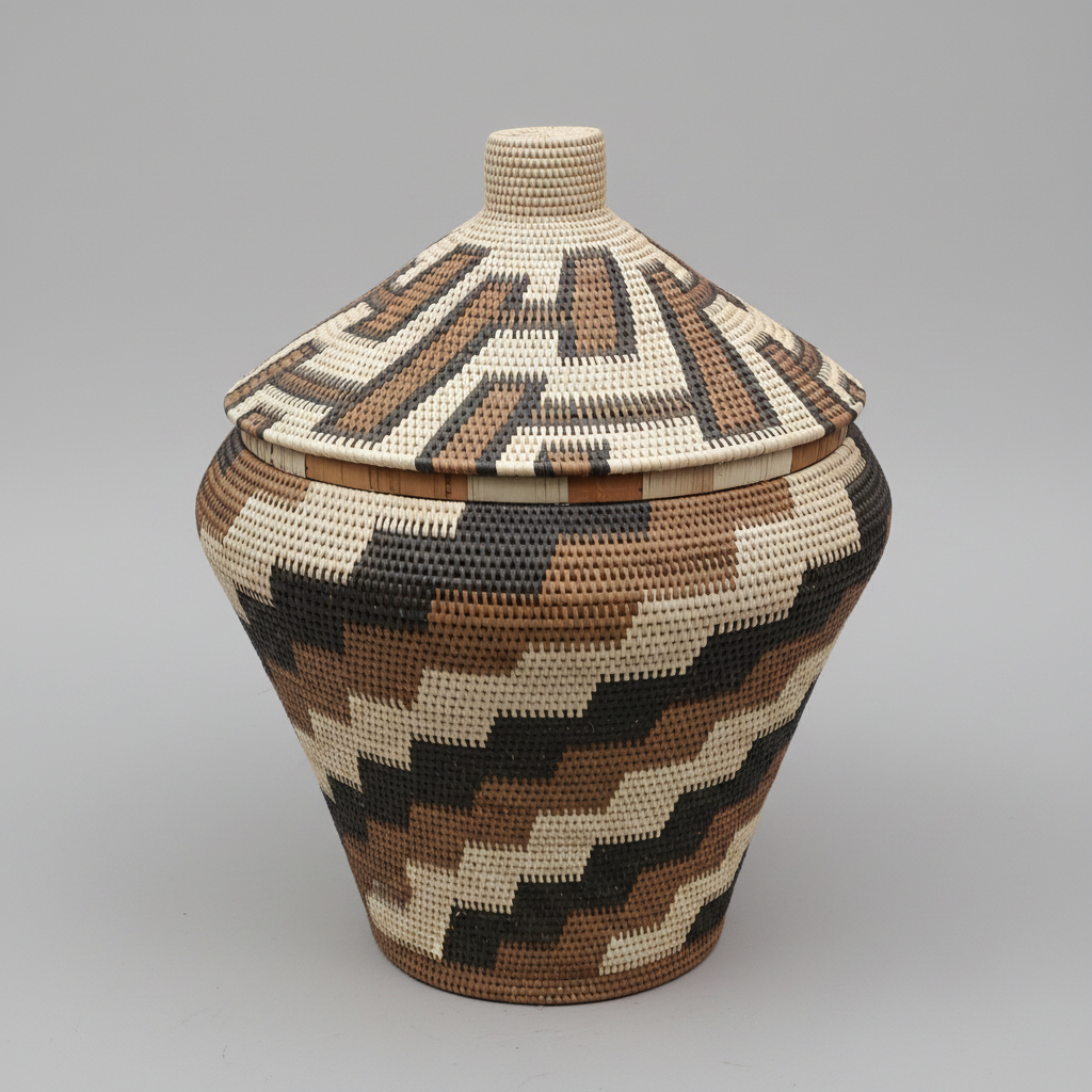 A hand-woven basket with a fitted lid, featuring a geometric pattern in natural beige, brown, and black, photographed on a neutral gray background.