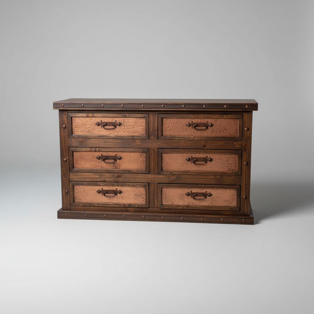 Wooden dresser with six drawers on a gray background