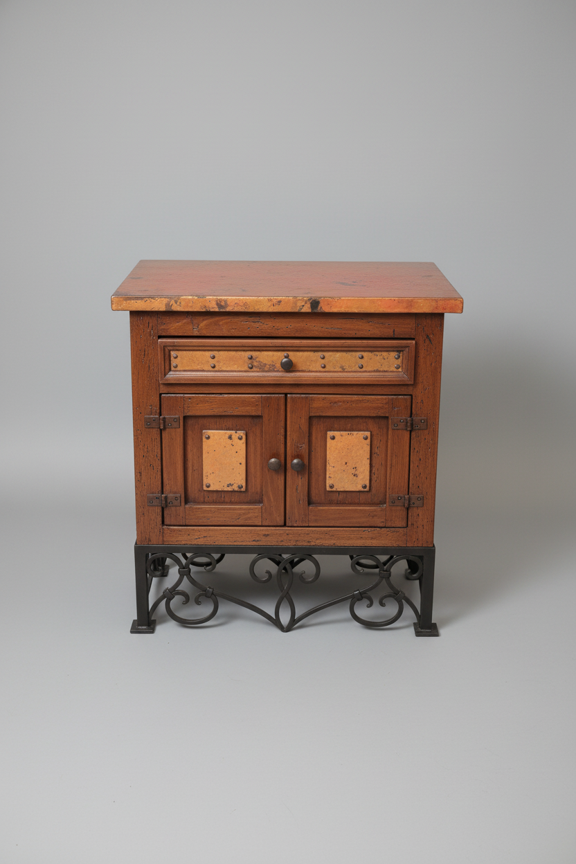 Wooden cabinet with a decorative tray on top, placed on a patterned rug.