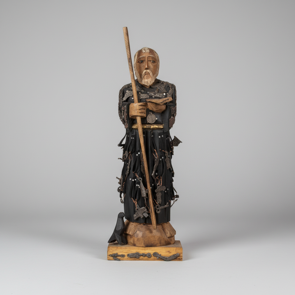 A hand-carved wooden saint statue holding a staff, featuring intricate dark metal leaf and branch embellishments, displayed on a neutral gray background.