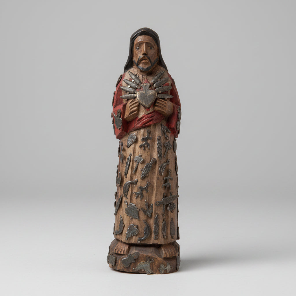 Wooden figurine with decorative elements on a red background