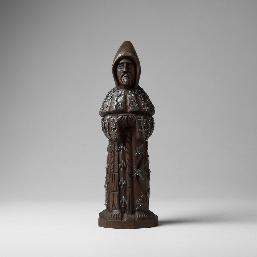 A dark brown carved wooden figurine of a hooded robed saint or monk, standing with hands clasped in prayer, photographed against a neutral gray studio background.