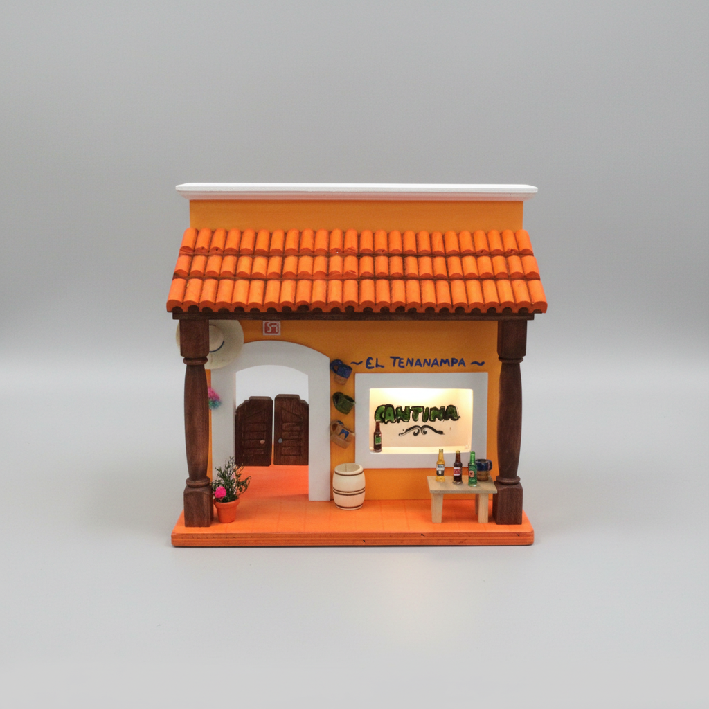 Model of a small building with an orange roof and wooden pillars on a gray background