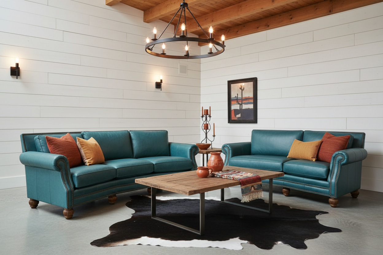 Modern living room with teal leather sofas, wooden coffee table, and decorative elements.