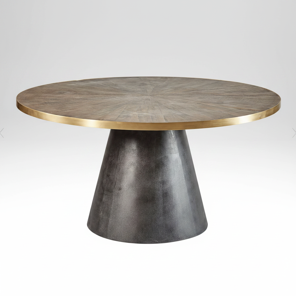 Round table with a gold rim and metallic base on a white background