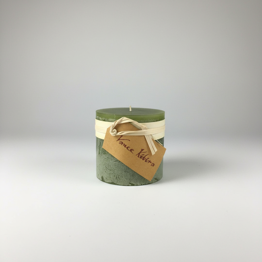 Green candle with a label on a white surface