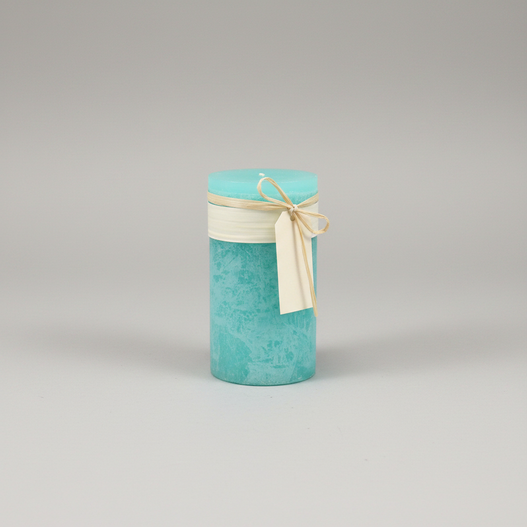 Turquoise cylindrical container with a beige ribbon on a gray background