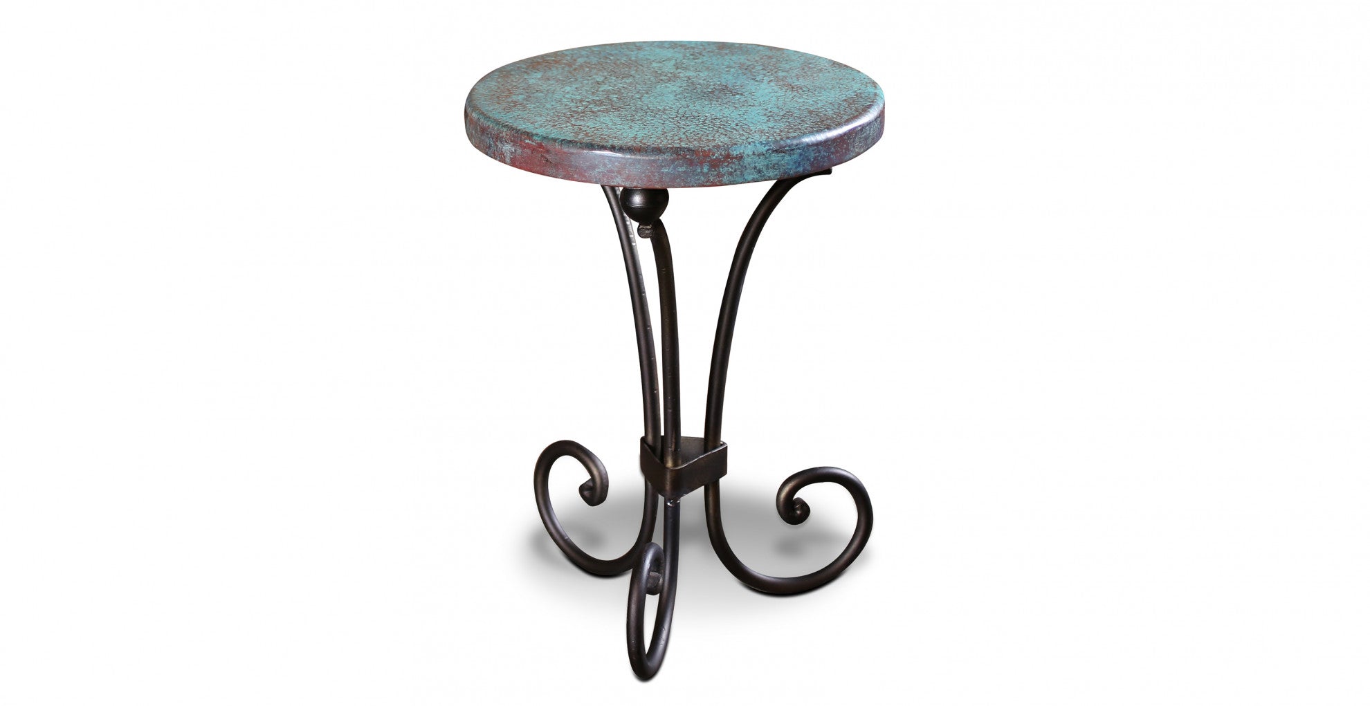 Round side table with decorative metal base on a white background