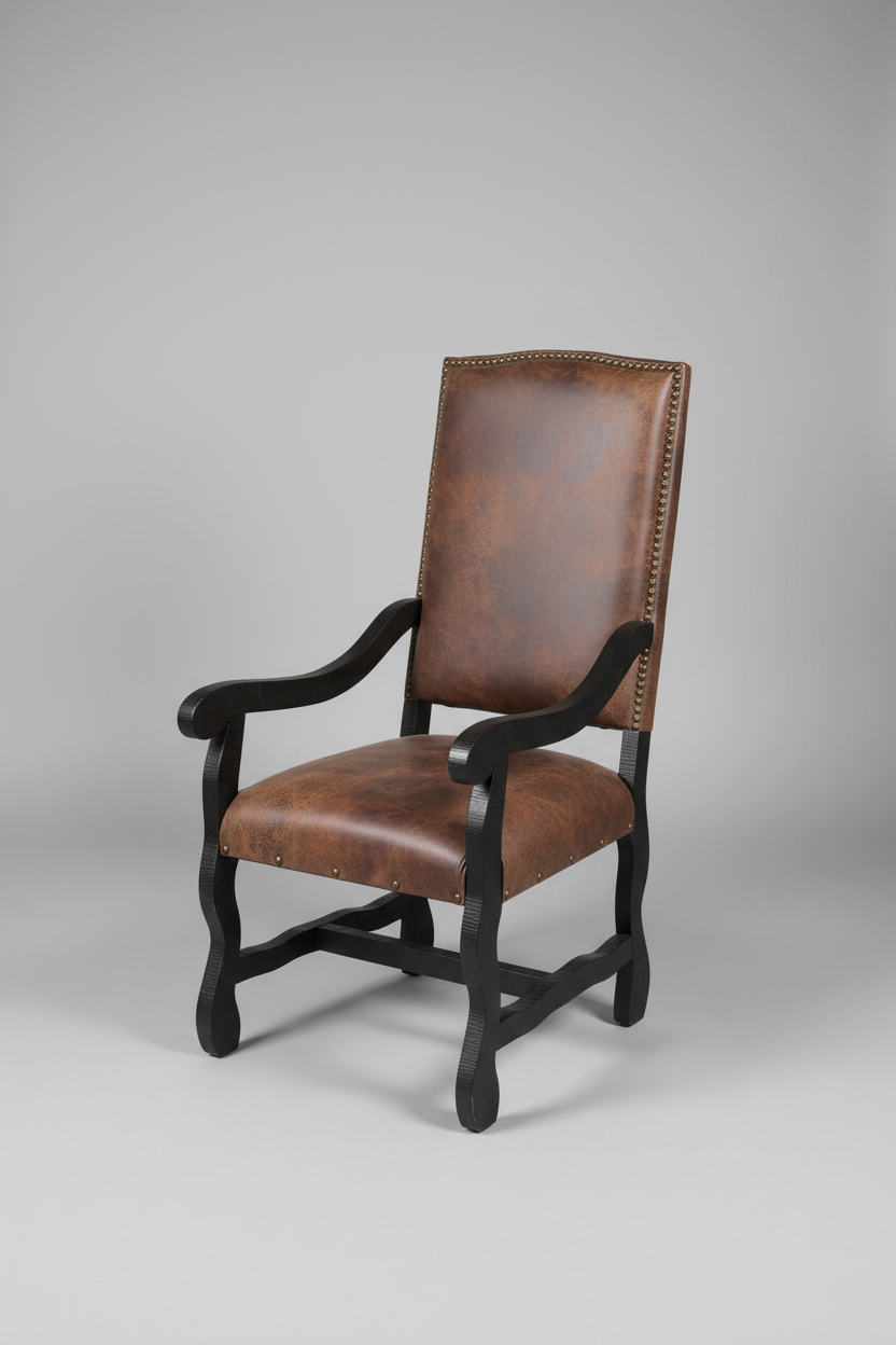 Brown leather armchair with black frame on a gray background