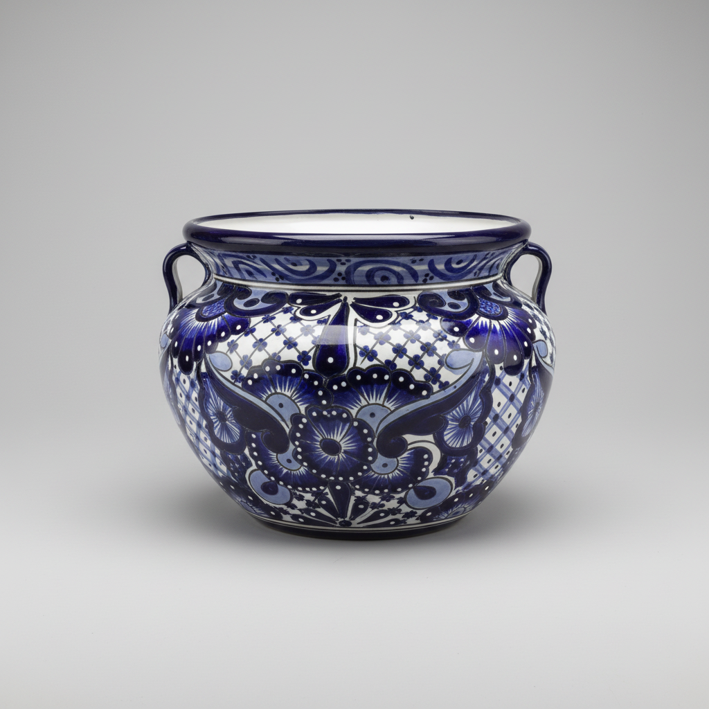 Ceramic jar with blue and white floral patterns on a gray background