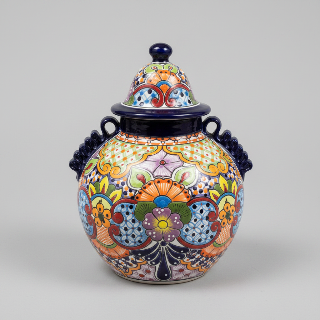 Colorful ceramic jar with intricate patterns on a gray background