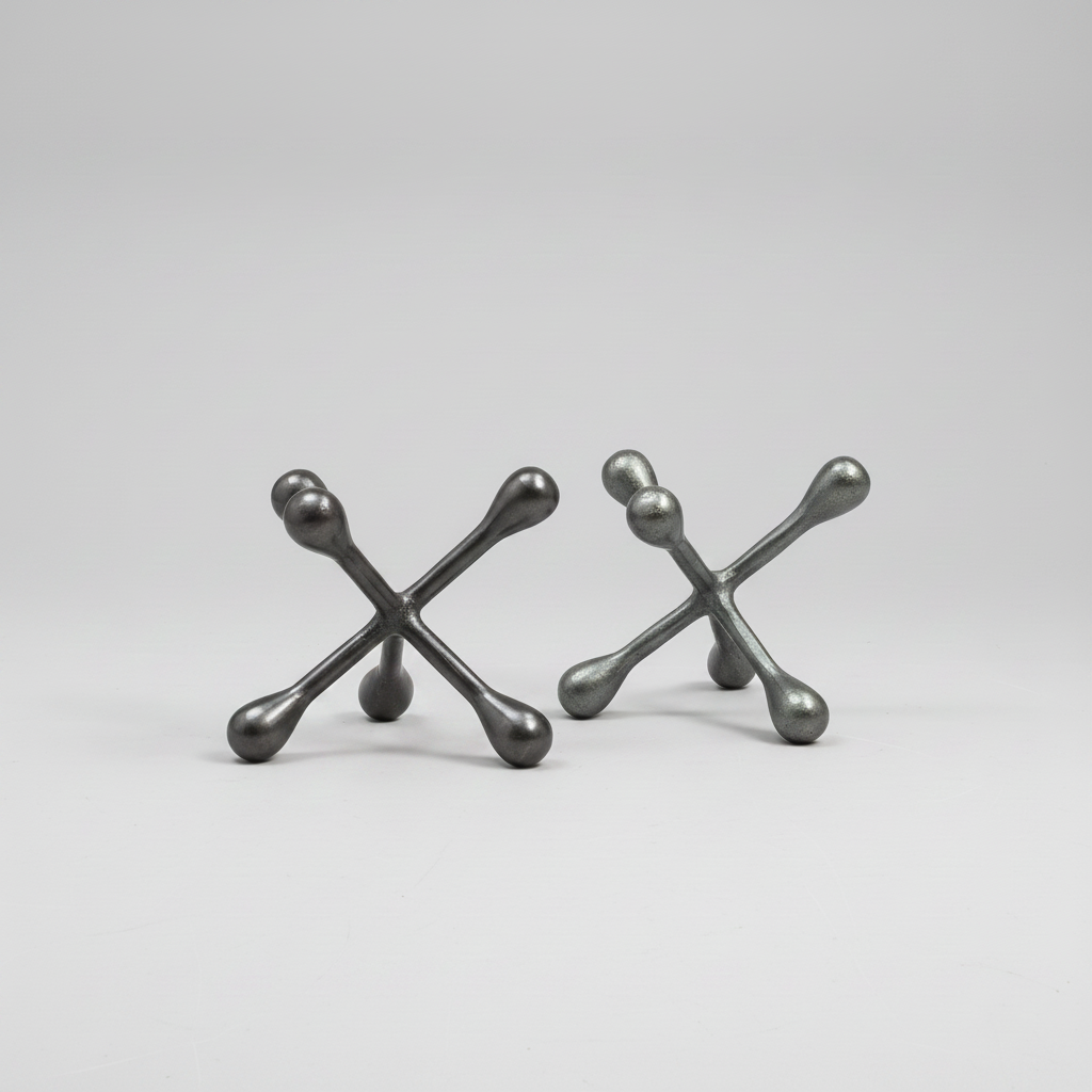 Two metallic cross-shaped wall hooks on a wooden surface.