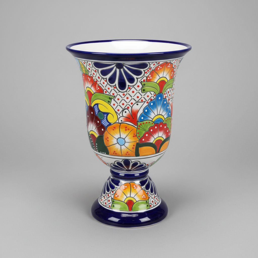 Colorful ceramic vase with intricate patterns on a gray background