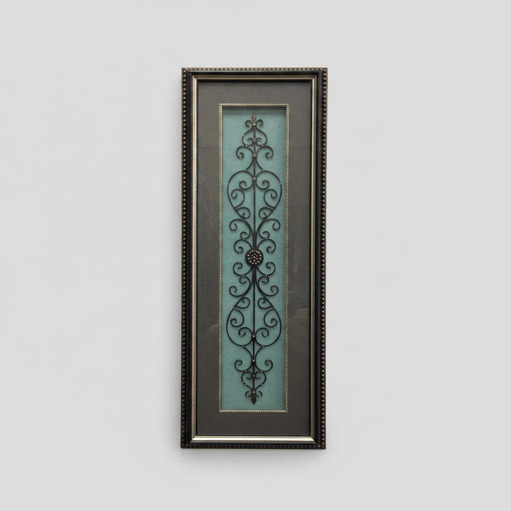 Decorative wall art with intricate metal design on a light blue background, framed in black.