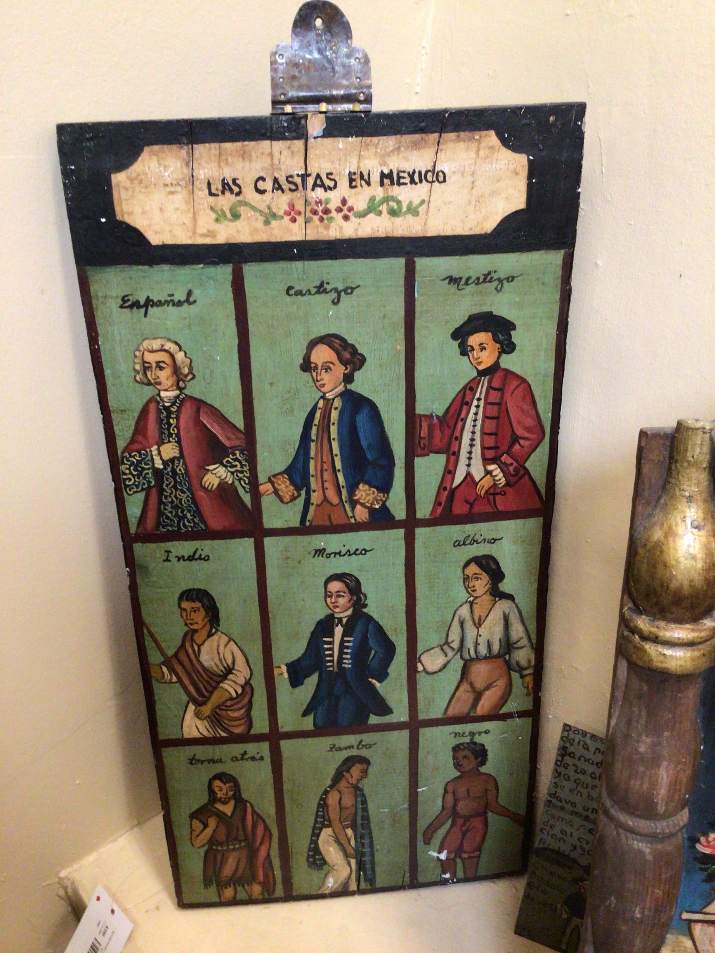Vintage educational poster titled 'Las Castas en Mexico' with illustrations of different social classes.