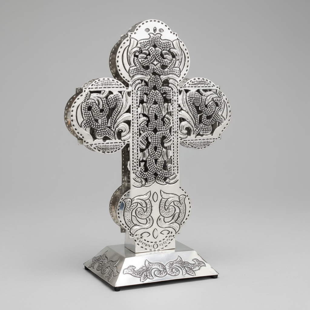 A silver-toned ornate cross-shaped decorative object with intricate cutout floral and scrollwork patterns, displayed on a matching rectangular base against a neutral gray studio background.
